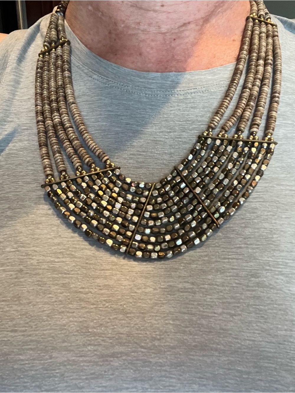 Multi-Strand Hematite Beaded Statement Necklace - Gray and Gold Tones - Picture 2 of 2